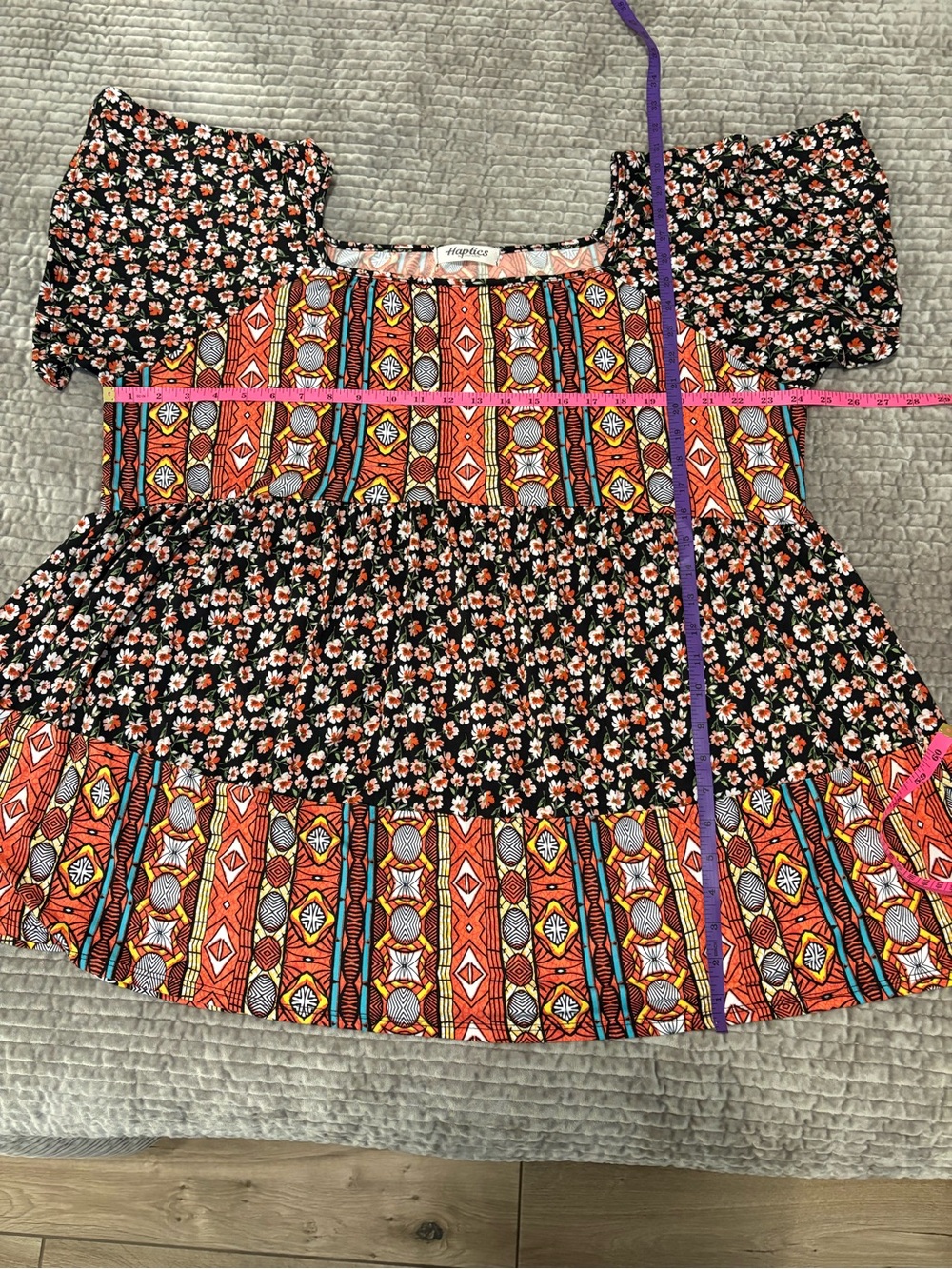 Haptics Boho Floral Patchwork Square Neck Babydoll Top in Black Multi, 1X - Picture 4 of 7